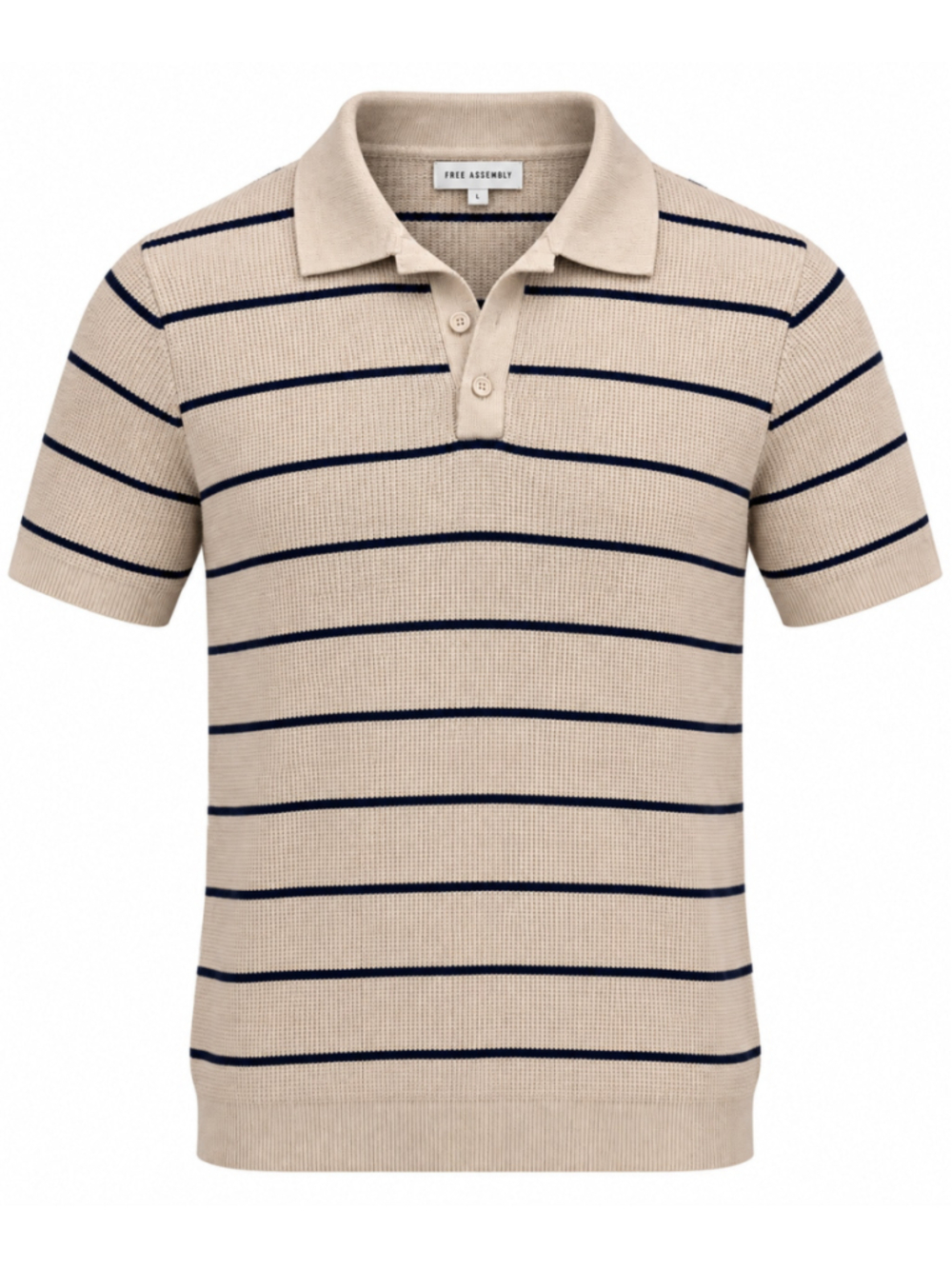Men's Free Assembly Striped Polo Shirt, Size L, Beige and Navy